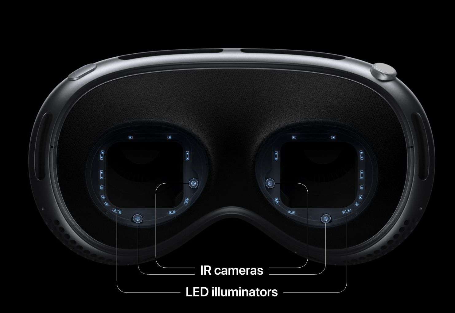 Close-up image of the advanced Infrared (IR) sensor technology used in Apple's Vision Pro, showcasing the innovative use of IR in eye and hand tracking for immersive mixed reality experiences.