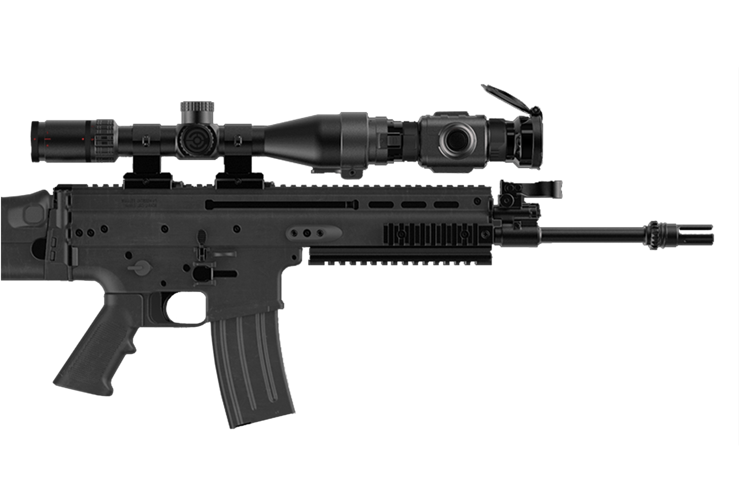 This clip-on scope operates with a FLIR Tau 2 17µm uncooled microbolometer, offering a resolution of 336 x 256. 