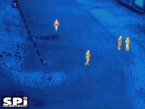 aerial thermal PTZ gimbal mounted on drone image of 4 soldiers in a road