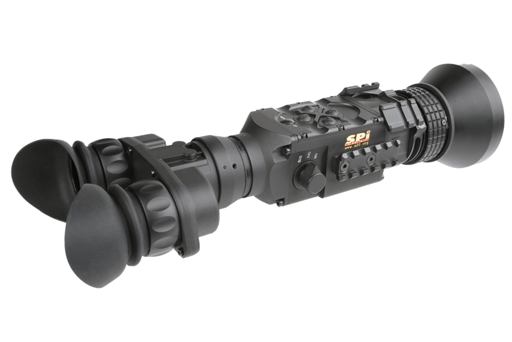 User interface of the SPI Hornet T336-75-B Thermal Binocular, featuring ergonomic buttons, digital zoom options, and wireless remote control for easy operation.
