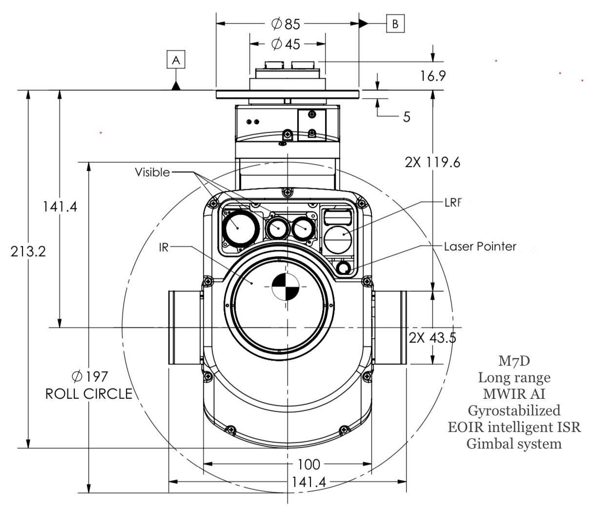 Advanced multi-spectral imaging system with gyro-stabilization, featuring high-definition electro-optical and infrared sensors for surveillance and reconnaissance missions, including detailed technical specifications for control and video interfaces, stabilization precision, power details, dimensions, weight, and temperature operating range.