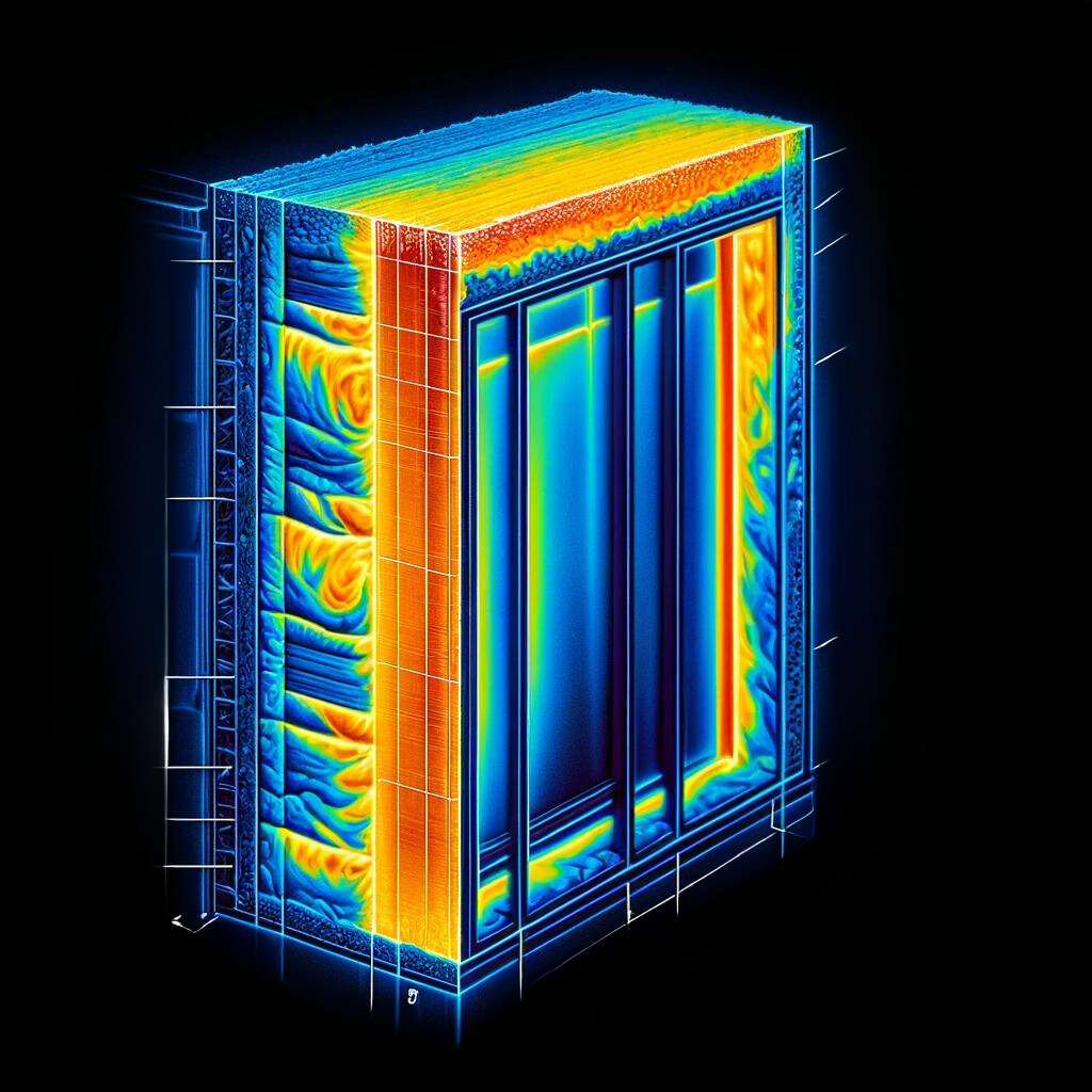 The provided image is a thermal image cross-section of a well-insulated wall, displayed on a black background. 