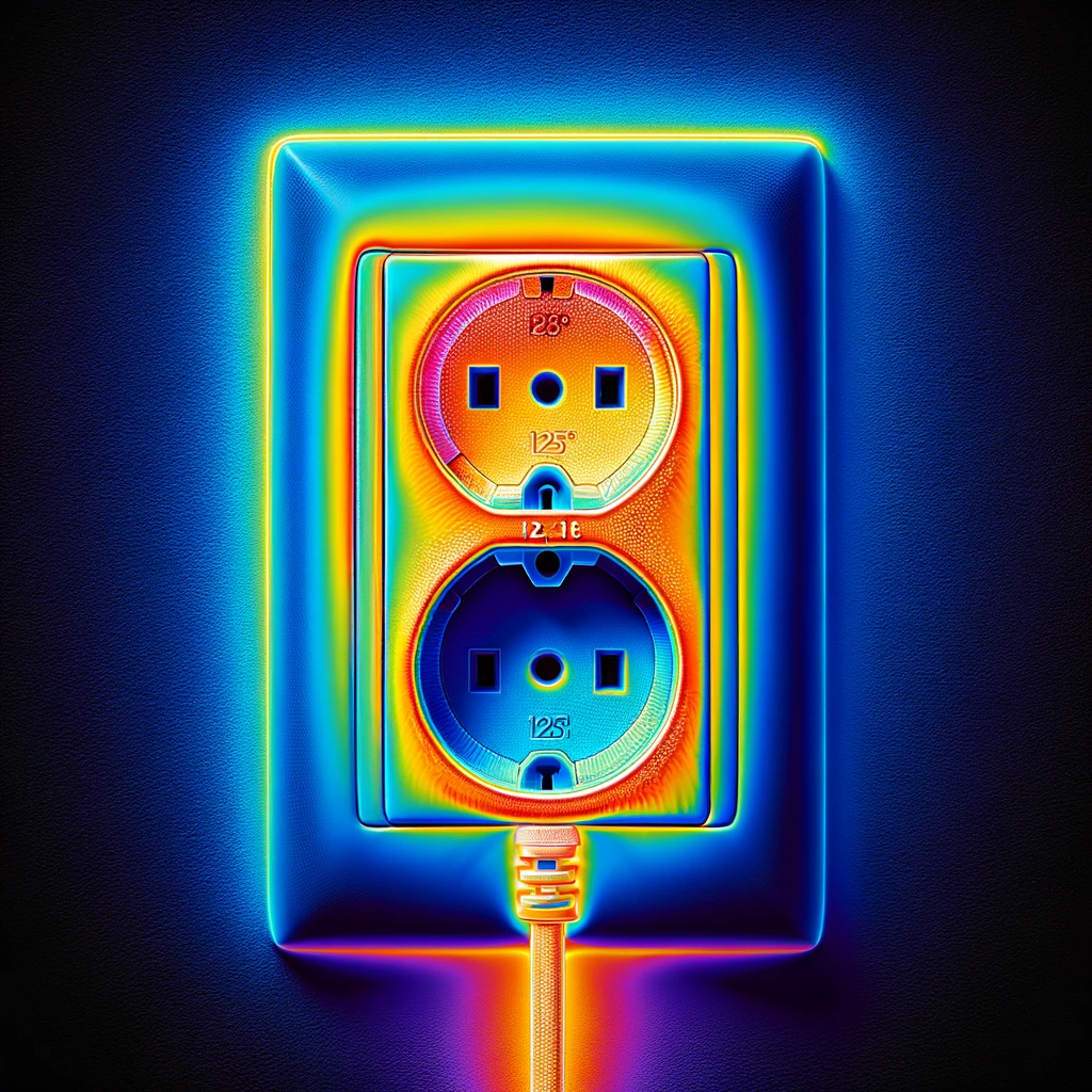The image provided is a thermal representation of a well-insulated electrical outlet set against a black background. . The thermal properties of the outlet and its surrounding insulation are illustrated through color gradients in the image.
