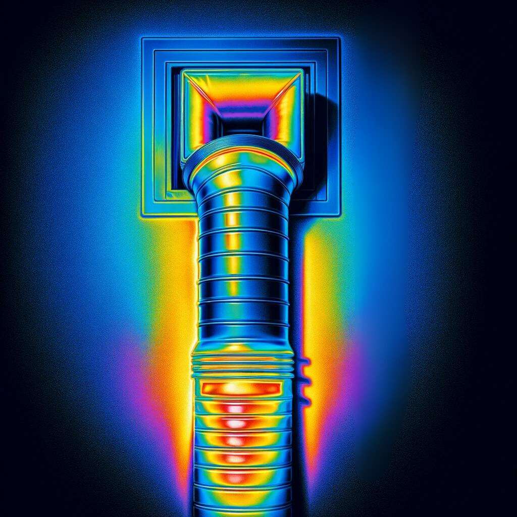 The image provided is a thermal representation of a well-insulated air duct mounted on a wall, set against a black background. The thermal properties of the air duct and its surrounding insulation are illustrated through distinct color gradients.