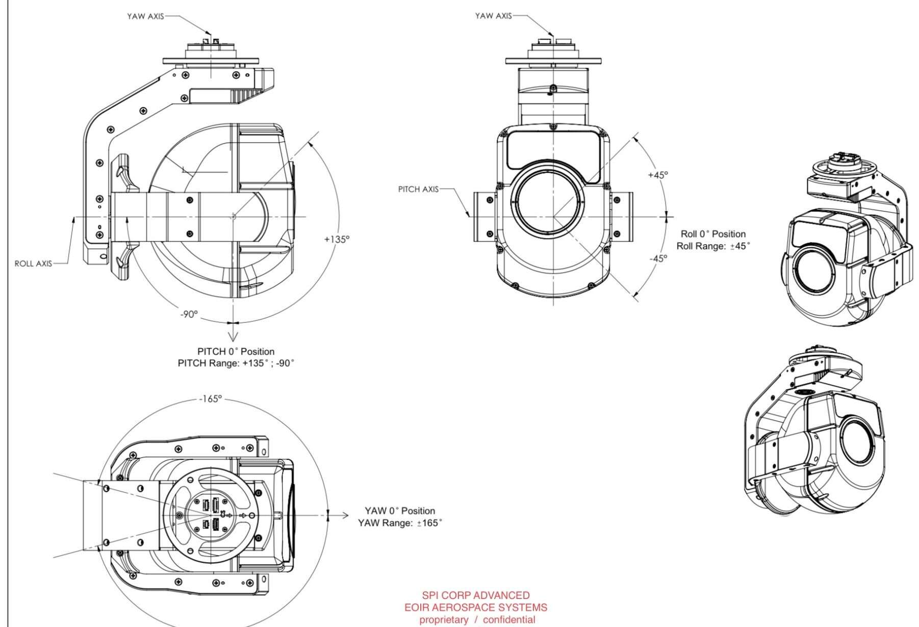 Precision-engineered ISR gimbal system with detailed specifications showcasing RS-232 control interface, Micro-HDMI video output, sub-microradian stabilization, varying power consumption metrics, environmental operating conditions, and versatile pan and tilt field of regard for comprehensive monitoring and target tracking