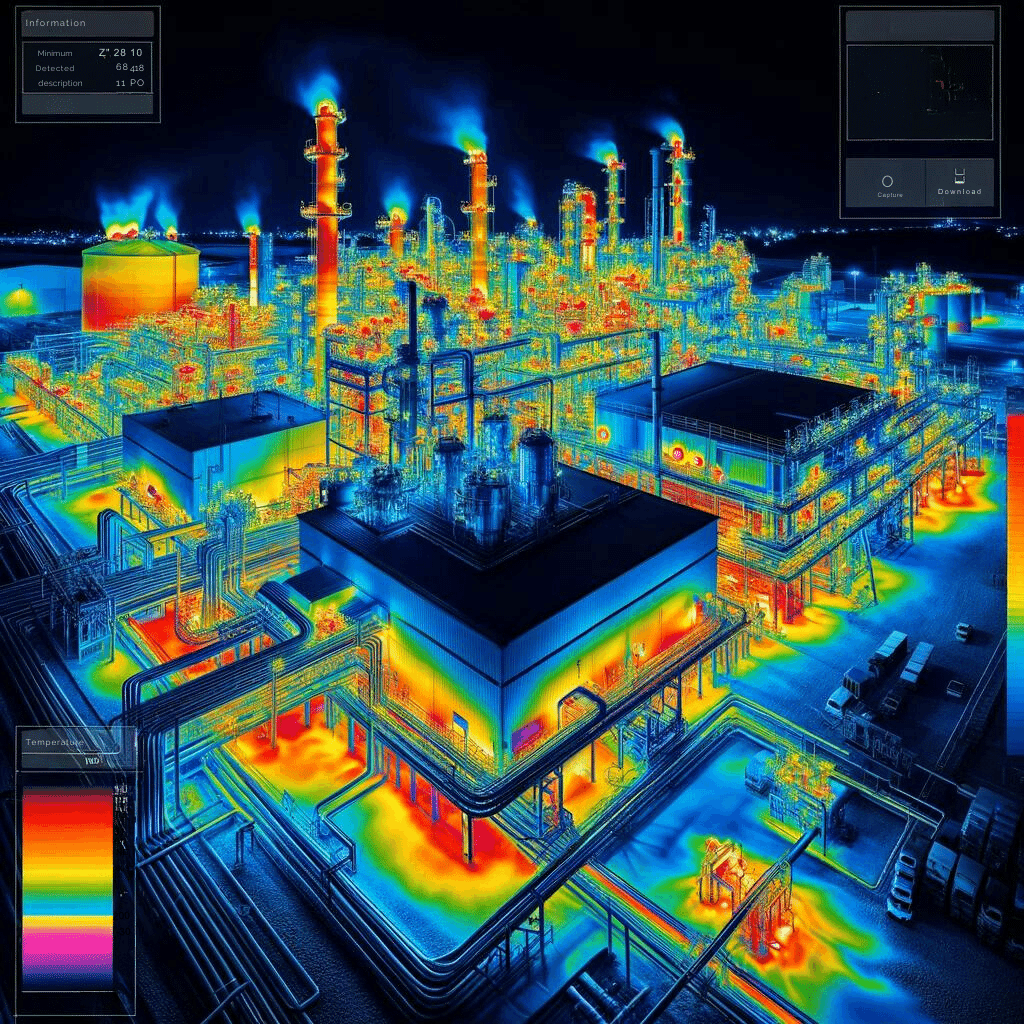thermal image of a factory with gas emissions