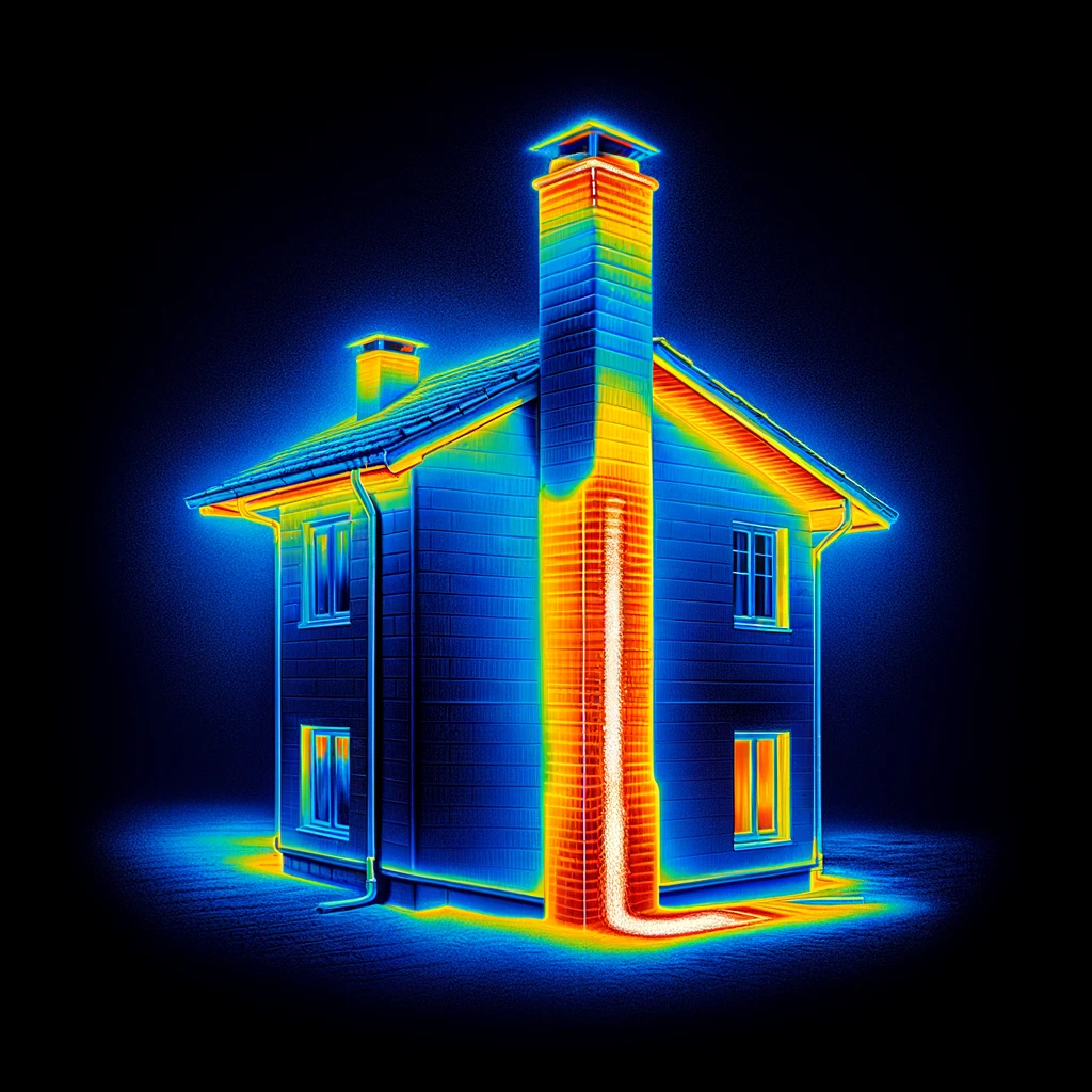 The image provided is a thermal representation of a well-insulated chimney, set against a black background. The thermal efficiency of the chimney and its insulation are illustrated through distinct color gradients.
